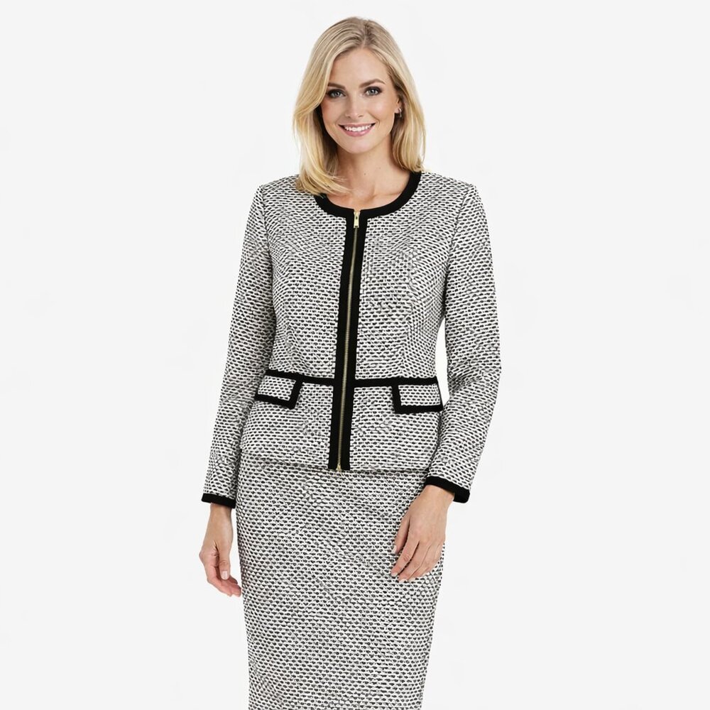 Calvin Klein Black Suit Trim Polka Dot Blazer and Skirt size 6